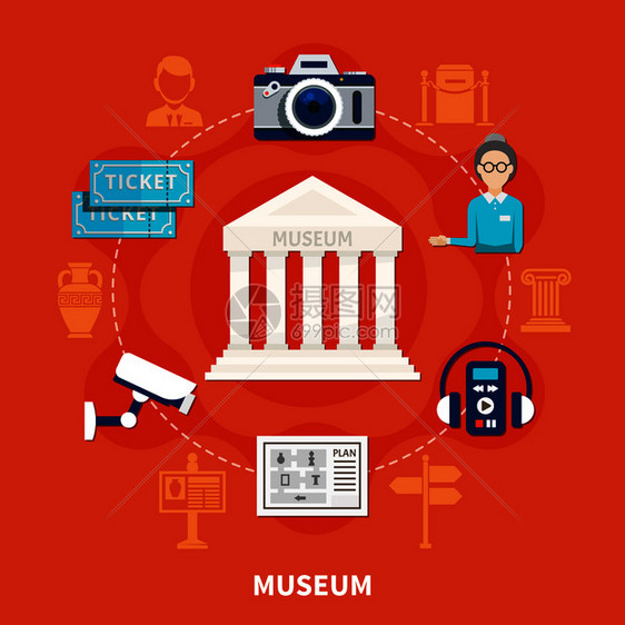 博物馆平图标红色背景与门票博览会计划光电相机音频指南古代展品矢量插图博物馆平图标图片