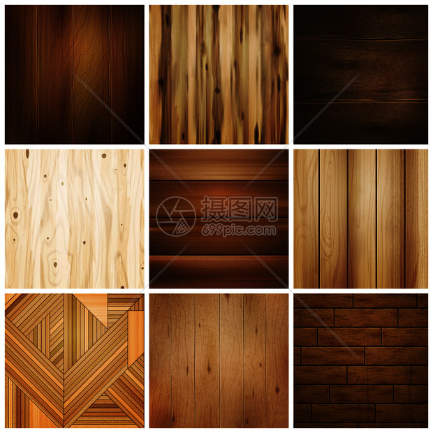 逼真的木地板纹理集合的孤立图像与各种方形模式的地板瓷砖矢量插图木制地砖套图片