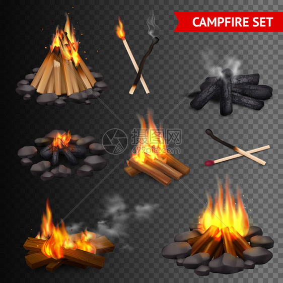 现实的篝火透明的套篝火图像与块状木石火牌与烟雾矢量插图现实的篝火透明图片