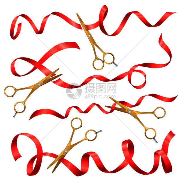 现实剪刀大开口与图像金色剪刀红色丝带空白背景矢量插图剪刀丝带套装图片