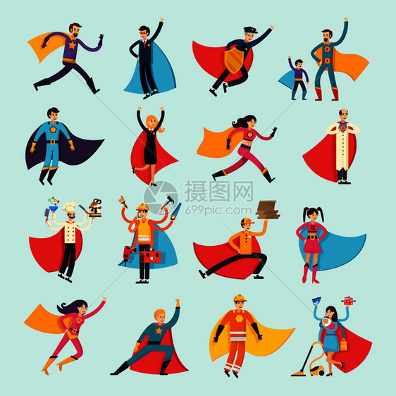 超级英雄正交平人物包括商人,家庭主妇,厨师,医生斗篷孤立矢量插图超级英雄正交扁平人图片