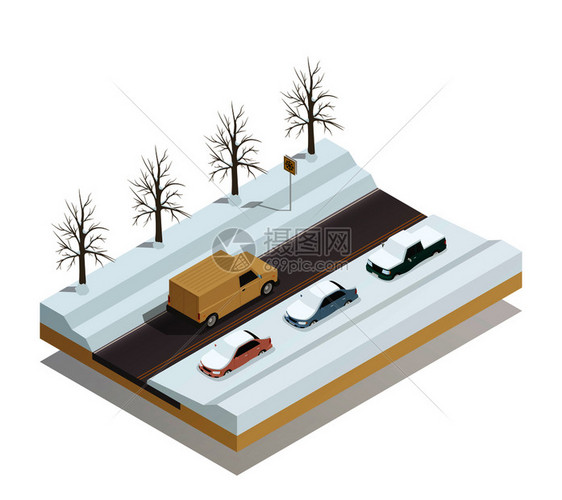冬季道路与骑皮卡汽车停路边雪等距构图矢量插图冬季道路景观等距成图片