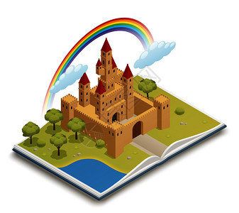 童话开放书与三维中世纪城堡彩虹果园池塘等距构图矢量插图童话城堡等距构图图片