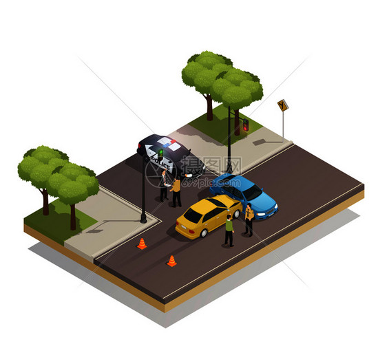 交叉口道路碰撞等距成与涉及交通事故的汽车警车矢量图道路碰撞事故等距成图片