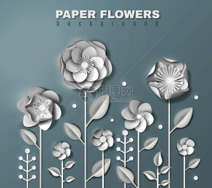 灰色背景三维矢量插图上 茎上叶的各种形状的真实白纸花现实的纸花背景插画图片下载 正版图片 摄图网