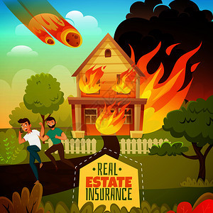 自然灾害房地产保险海报与跑步者燃烧的房子,陨落的陨石矢量插图自然灾害插图图片