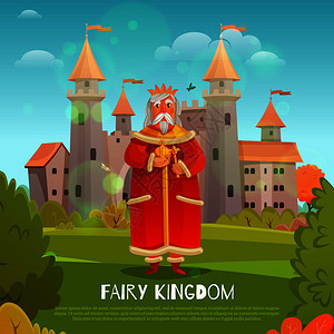 国王穿着红色服装,中世纪城堡背景上权力符号,仙女王国卡通矢量插图仙女王国插图图片