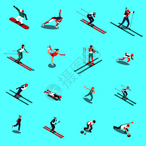 北欧图标冬季运动等距的人人的运动员制服与适当的装备矢量插图雪地运动员等距收集插画