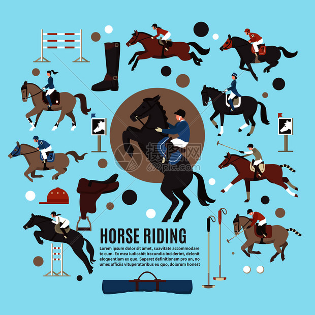 骑马平成与骑师,马球运动员,齿轮,运动设备蓝色背景孤立矢量插图骑马平板构图图片