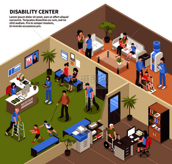社会服务残疾人的成,以等距办公室人,减少能力矢量插图社会服务中心背景图片