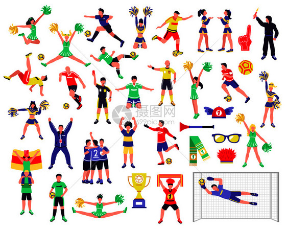 足球运动员啦啦队长球迷人类人物与最喜欢的球队矢量插图的Merch标记足球迷角色图片