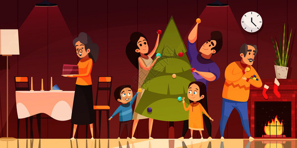 家庭装饰杉树准备庆祝诞节家卡通矢量插图诞卡通插图图片