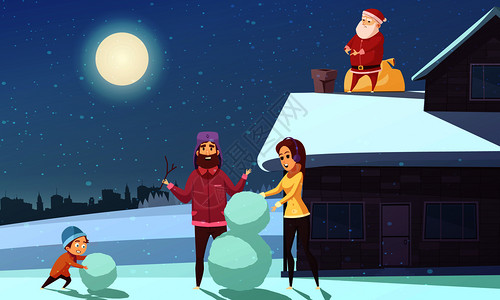 快乐的家庭诞节晚上堆雪人,诞老人站屋顶附近的烟囱卡通矢量插图诞卡通插图图片