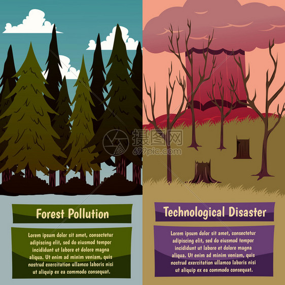 人为灾害2垂直正交横幅森林污染技术危害孤立矢量图人为灾害正交横幅图片
