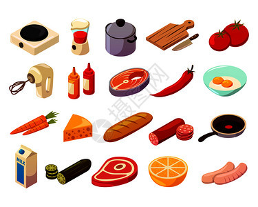 食品烹饪套等距图标与厨房用具,烹饪设备,肉类,鱼类蔬菜矢量插图食物烹饪等距图标图片