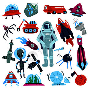 平彩色图标与宇宙飞船外星人宇航员隔离白色背景矢量插图图标图片