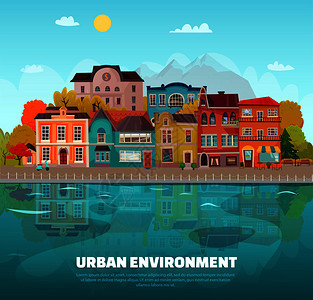 城市环境背景与建筑物树木河流平矢量图城市环境背景图片