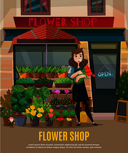花店与鲜花收集店员符号平矢量插图花店插图图片