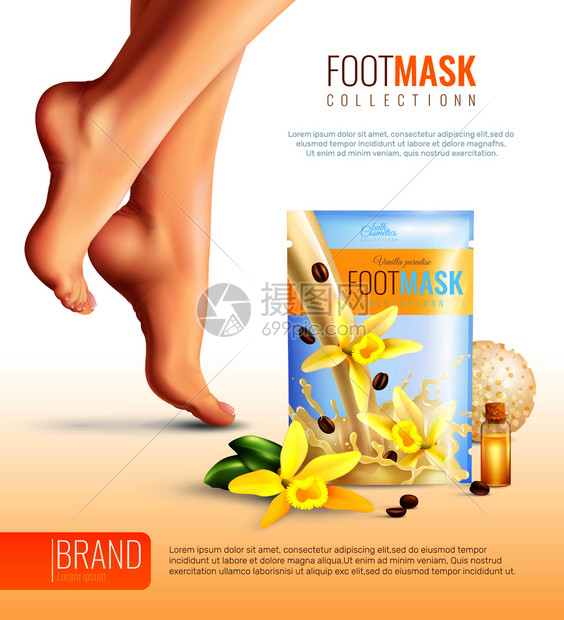 脚具与精油,咖啡广告海报与女腿光背景矢量插图脚具广告海报图片