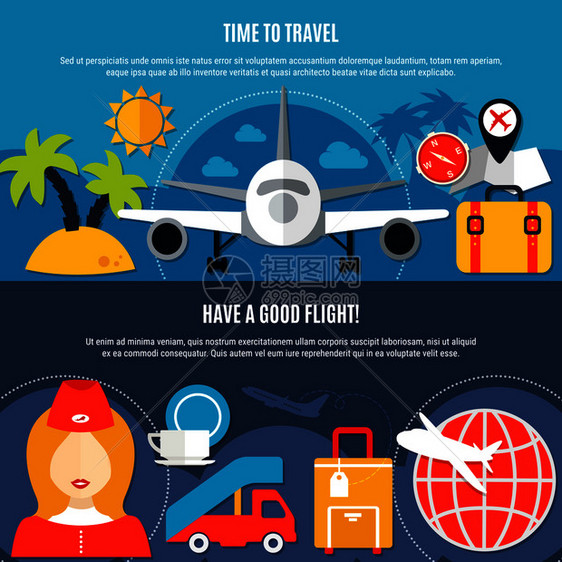 航空旅行航空公司2平广告横幅与热带度假行李服务飞行中矢量插图航空旅行2平航空公司横幅图片