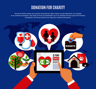 慈善背景与人的手平板与捐赠应用程序图像思想泡泡矢量插图全球捐赠应用图片