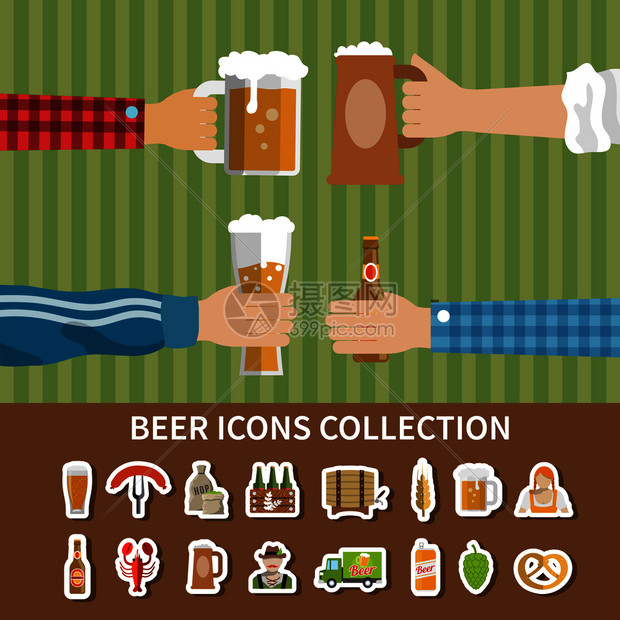 扁平收集啤酒节啤酒小吃图标孤立矢量插图扁平啤酒图标收集图片