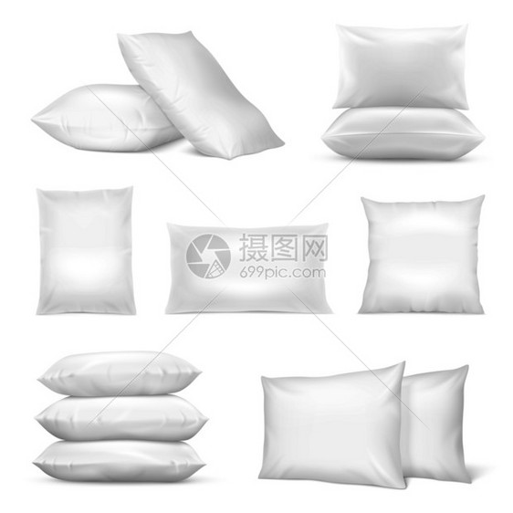 真实的白色方形矩形枕头与天然合成棉混合纤维填充隔离矢量插图现实的白色枕头模型图片