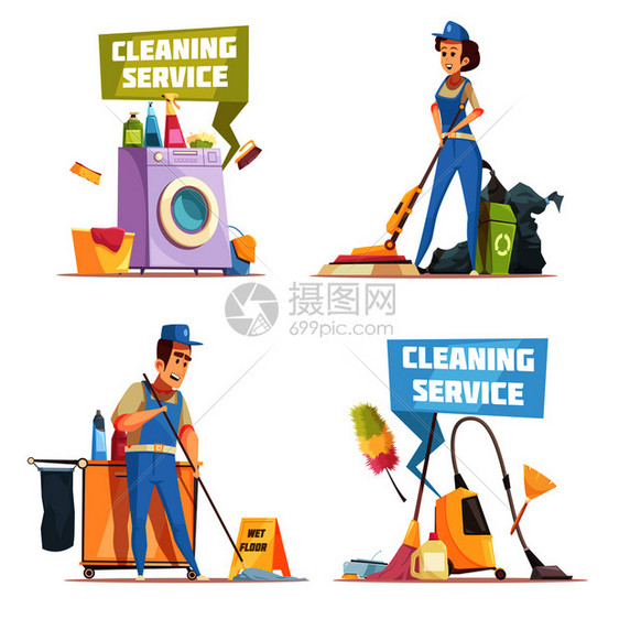 清洁服务2x2理念与清洁公司员工清洗室内平矢量插图清洁服务2x2理念图片