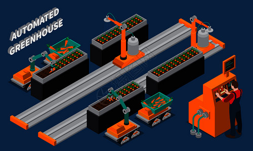 自动温室等距成与农业机器人工人附近的控制板上的蓝色背景矢量插图自动温室等距成图片