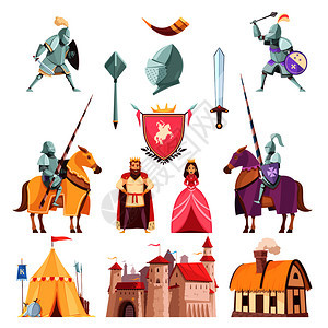 中世纪皇家纹章漫画图标城堡骑手装甲锦标赛国王骑士公主孤立矢量插图中世纪皇家纹章漫画集图片