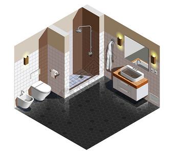 浴室瓷砖墙浴室内部等距成与米黄色白色墙壁灰色瓷砖地板,淋浴,卫生洁具矢量插图浴室内部等距成插画
