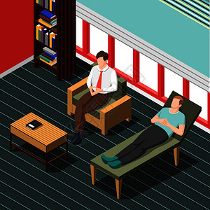 心理治疗咨询等距背景与医生交谈与病人躺沙发矢量插图心理治疗咨询等距背景图片