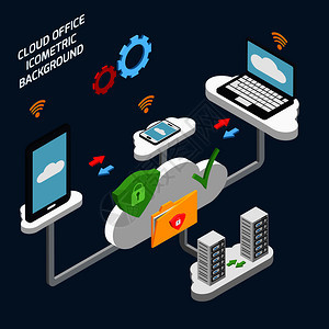 云办公室技术等距背景与数据库符号矢量插图云办公室技术等距背景图片