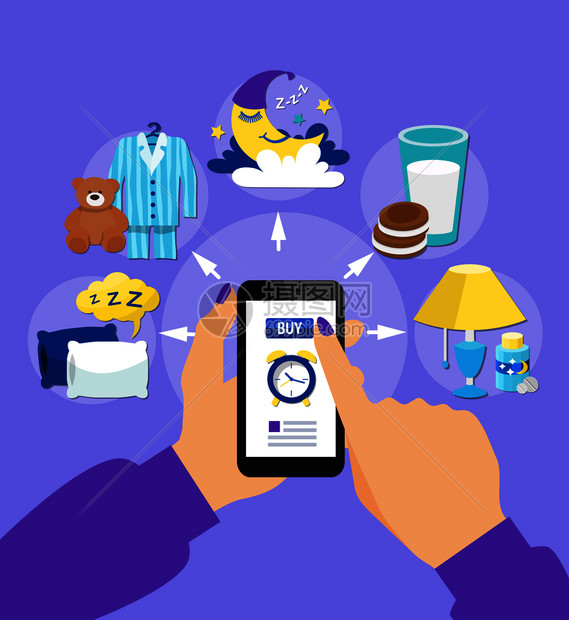 购买睡眠配件线平海报与睡前符号菜单智能手机屏幕上的手矢量插图睡眠