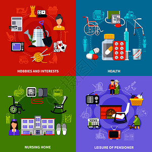 四个方形平养老图标与爱好兴趣健康养老院休闲养老者描述矢量插图养老金图标背景图片