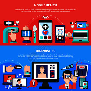 用于身体功能测量诊断的移动可穿戴数字医疗设备2平水平横幅隔离矢量插图数字健康小工具平横幅图片