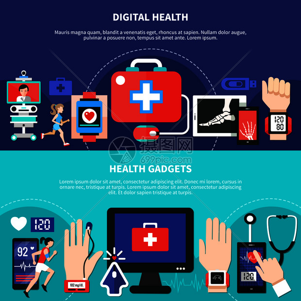 数字健康小工具设备应用程序2水平平横幅急救符号孤立矢量插图数字健康小工具平横幅图片