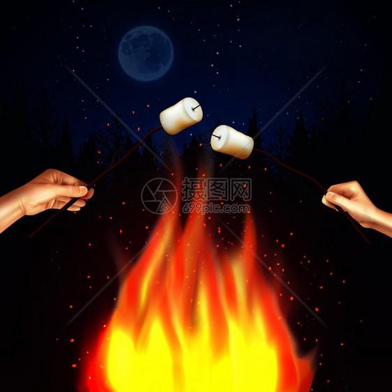 篝火棉花糖构图与森林月光夜景火焰与人的手烤棉花糖矢量插图营火棉花糖成图片