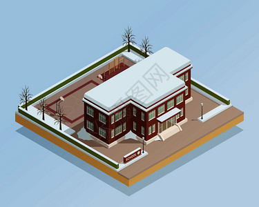 冬季景观与大学高中建筑相邻,与相邻运动区域等距构图矢量插图冬季学院大楼室外等距图片