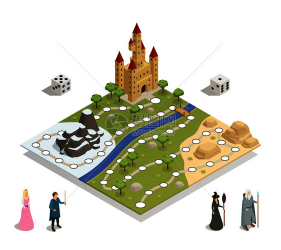 童话游戏板与城堡景观王子公主女巫魔术师骰子等距构图矢量插图童话游戏板等距构图图片