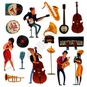 爵士乐卡通集与歌手穿着明亮的衣服,表演者萨克斯,大提琴,卓琴孤立矢量插图爵士音乐卡通集图片