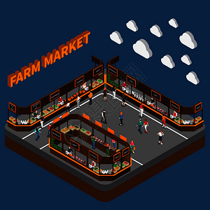农场本地市场等距构成与三维文本云现代城市食品市场与人向量插图集市农场市场成图片