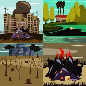 人为环境灾害4个正交图标广场与溢油污染火灾隔离矢量插图人为灾害正交图标图片