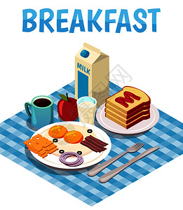 早餐等距成分与煎鸡蛋,牛奶,包与果酱,茶咖啡桌子矢量插图早餐等距成分图片