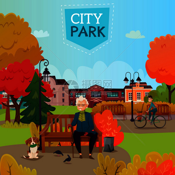 秋季城市公园卡通矢量插图老人拐杖坐长凳上,狗看鸽子城市公园插图图片