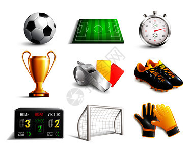 足球套三维图标与领域,球,奖杯,记分板,哨子,手套靴子矢量插图足球3D图标图片