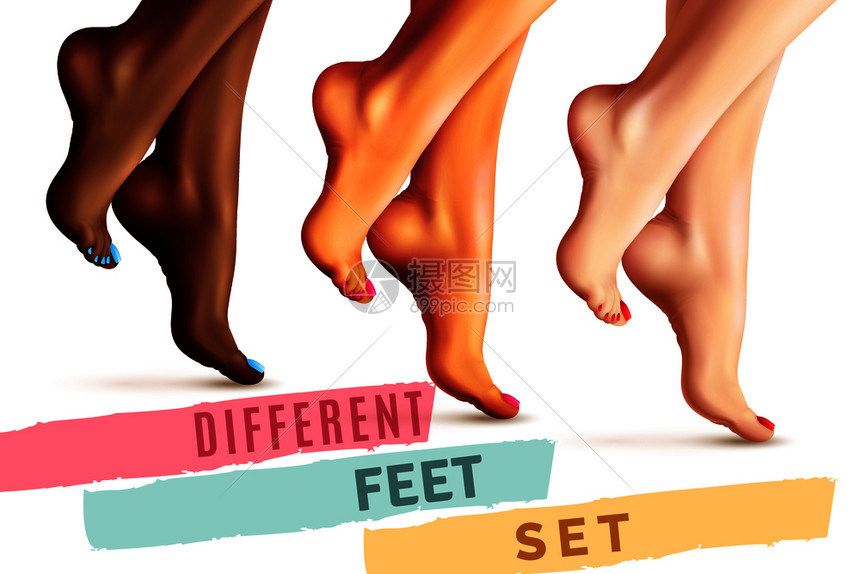 同皮肤指甲颜色的女裸脚,隔离白色背景矢量插图上同的女脚套图片