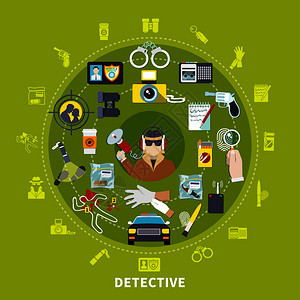 侦探圆形作文与侦探他的工作工具事物的工作矢量插图侦探圆形作文图片