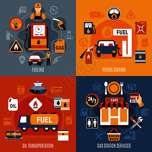 四个方形燃油泵集与燃油加油站石油运输加油站服务描述矢量插图燃油泵集图片