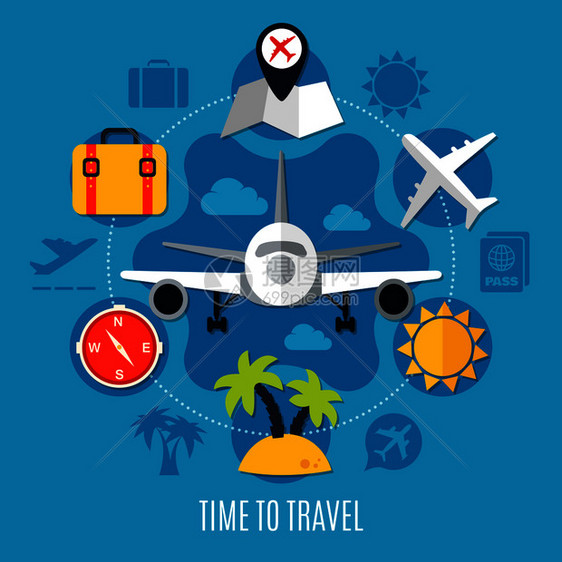 假期航空旅行广告海报与平彩色飞机行李热带棕榈太阳罗盘符号矢量插图航空旅行平广告海报图片